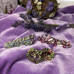 3 Vintage Floral Crystal Hair Clips Set #EA27